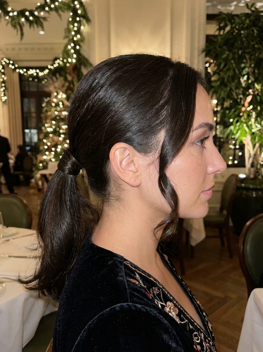 Tief gebundener Ponytail mit eleganter Drehung - Festliche Frisur für mittellange Haare